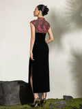 Magdalena Velvet Cheongsam Dress - Floral Embroidered Qipao with Mandarin Collar