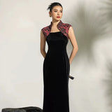 Magdalena Velvet Cheongsam Dress - Floral Embroidered Qipao with Mandarin Collar