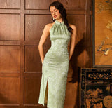 Majesty Silk Cheongsam Dress - Modern Qipao with Halter Neck