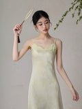 Baroness Light Yellow Green Jacquard Cheongsam Dress