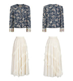 Amber Flowing Denim Jacket Ruffle Elegant 2-Piece Cheongsam Qipao
