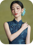 Hollyhock Radiant Navy Blue Cheongsam Dress Frog Buttons Qipao