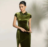 Ivory Velvet Cheongsam Dress - Elegant Qipao with Bead Embellishments