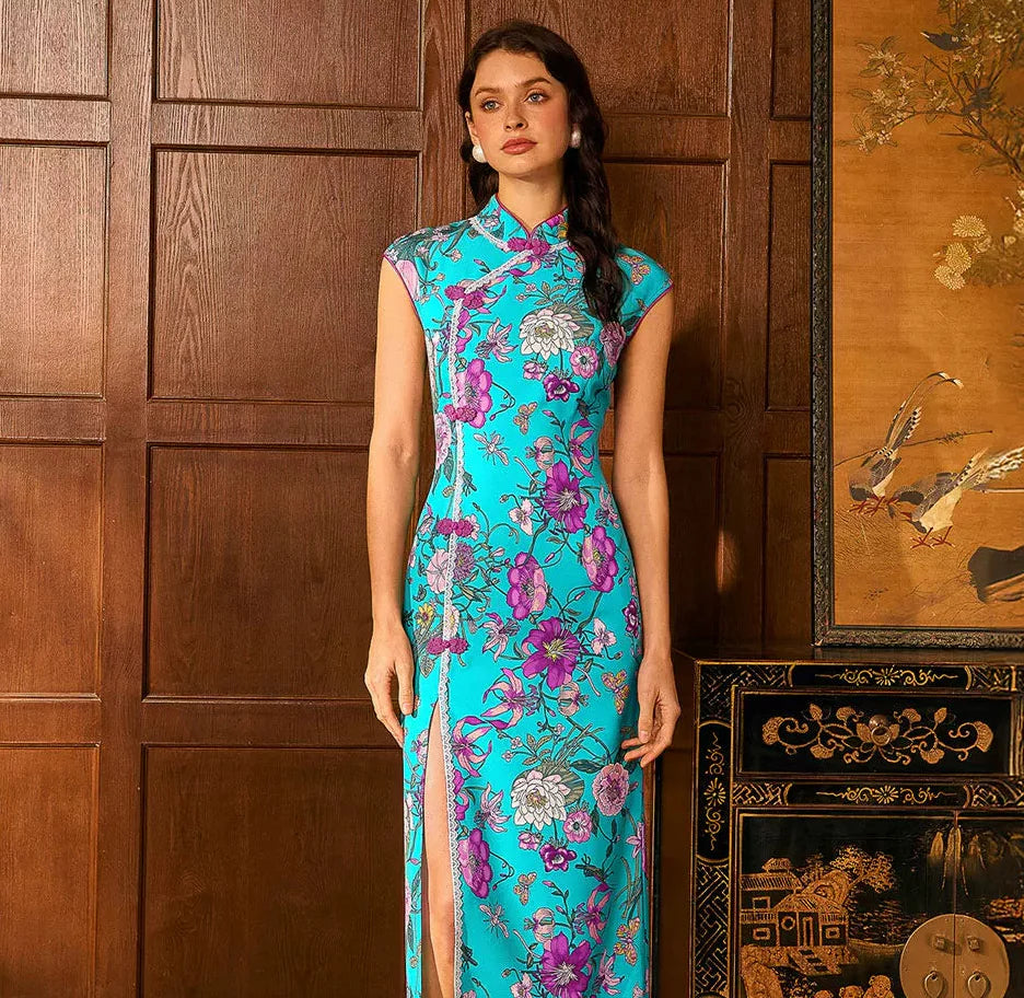 dress sutra modern Vintage Purple Tasseled Chinese Button Lace Patchwork Silk Dress Fall
