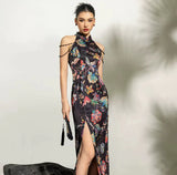 Selected Mulberry Silk Cheongsam Dress - Modern Qipao Style with Black Pearl Embellishment