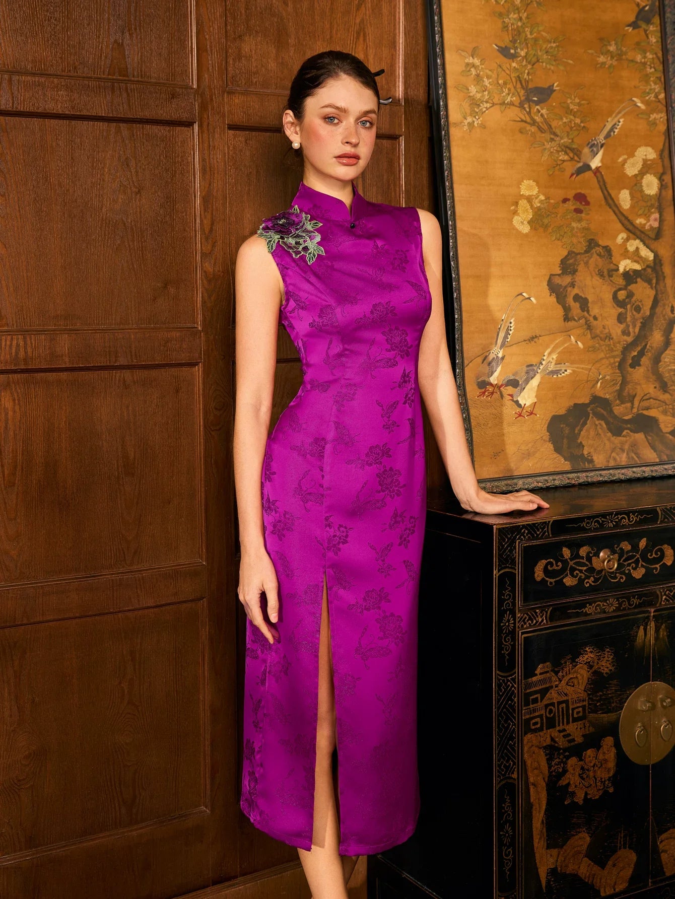 modern qipao dress Burgundy Lace Mid Modern Qipao Cheongsam Dress