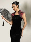 Magdalena Velvet Cheongsam Dress - Floral Embroidered Qipao with Mandarin Collar