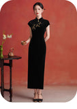 Rayna Queenly Black Velvet Cheongsam Dress Embroidered Qipao