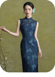 Hollyhock Radiant Navy Blue Cheongsam Dress Frog Buttons Qipao