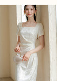 Vita Heron Feather White Slim Cheongsam Dress
