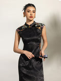 Lunara Black Jacquard Embroidered Cheongsam Dress
