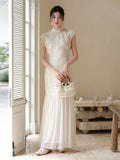 Qing Nectarine Embroidered Mermaid Cheongsam