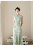 Bluebell Willow Green Embroidered Cheongsam Dress