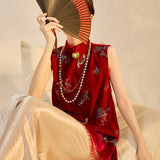 Velvet 2-Piece Embroidered Vest Skirt Cheongsam Set