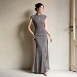 Isolde 2-Piece Bamboo Shadow Gray Jacquard Cheongsam Set