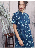 Geranium Blue Butterfly Print Cheongsam Dress