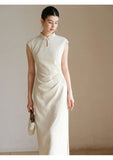 Vina Raw Linen Apricot Slim Cheongsam Dress