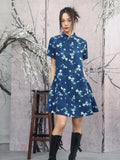 Geranium Blue Butterfly Print Cheongsam Dress