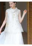 Vera 2-Piece White Gold Silk Vest Set Cheongsam