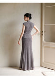 Isolde 2-Piece Bamboo Shadow Gray Jacquard Cheongsam Set
