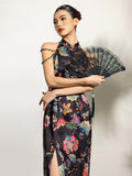 Peach Black Vintage Floral Cheongsam Dress