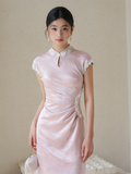 Magdalena Peach Mist Jacquard Satin Cheongsam Dress