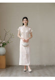 Meira Powder Cloud Embroidered Satin Cheongsam Dress