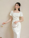Vita Heron Feather White Slim Cheongsam Dress