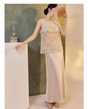 Interlude 2-Piece Embroidered Vest Champagne Skirt Cheongsam Set