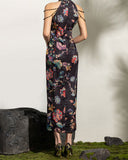 Peach Black Vintage Floral Cheongsam Dress