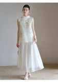 Vera 2-Piece White Gold Silk Vest Set Cheongsam