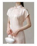 Meira Powder Cloud Embroidered Satin Cheongsam Dress