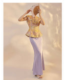 Elara 2-Piece Gold Vest Purple Skirt Cheongsam Set