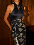 Dorinda Black High-Slit Jacquard Cheongsam