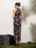 Peach Black Vintage Floral Cheongsam Dress