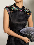 Lunara Black Jacquard Embroidered Cheongsam Dress