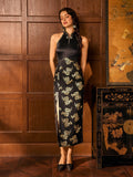 Dorinda Black High-Slit Jacquard Cheongsam
