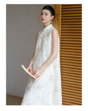 Tanzanite Clear White Lace Embroidered Cheongsam Dress