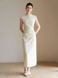Vina Raw Linen Apricot Slim Cheongsam Dress