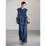 Peace 2-Piece Dark Blue Jacquard Cheongsam Set