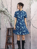 Geranium Blue Butterfly Print Cheongsam Dress