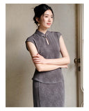 Isolde 2-Piece Bamboo Shadow Gray Jacquard Cheongsam Set