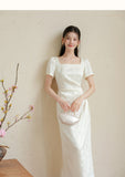 Vita Heron Feather White Slim Cheongsam Dress
