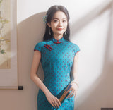 Lily Celestial Sleeveless Modern Teal Cheongsam Qipao Dress