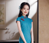 Lily Celestial Sleeveless Modern Teal Cheongsam Qipao Dress