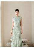 Bluebell Willow Green Embroidered Cheongsam Dress