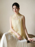 Celandine Light Yellow Embroidered Silk Top Cheongsam