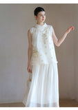 Vera 2-Piece White Gold Silk Vest Set Cheongsam