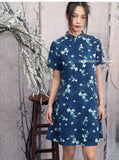 Geranium Blue Butterfly Print Cheongsam Dress