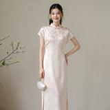 Meira Powder Cloud Embroidered Satin Cheongsam Dress